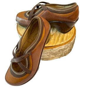 J-41 Adventure On Brown Leather “Hybrid” Cross Strap Shoes Size 7M Wedge Heel